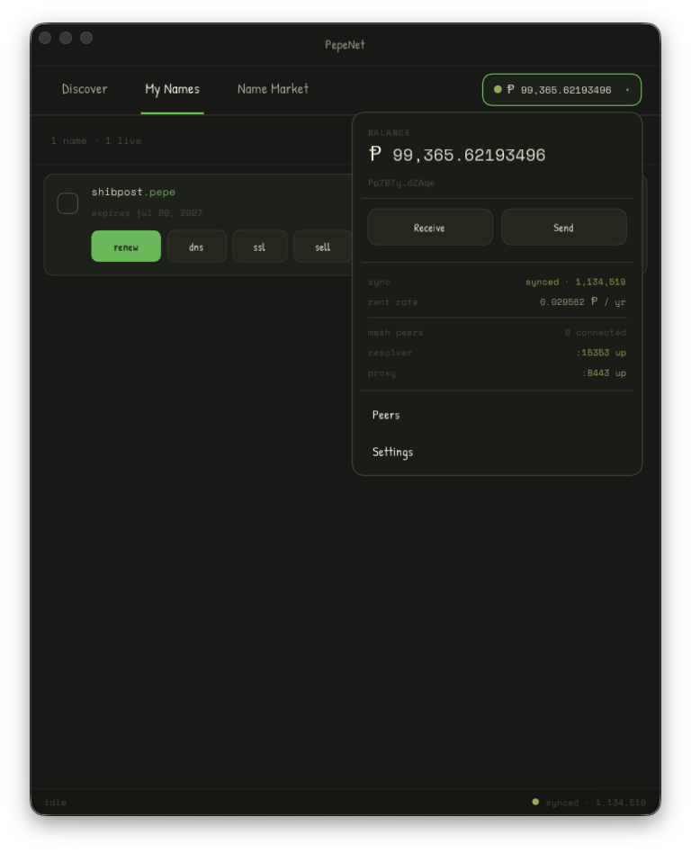 PepeNet desktop — Discover, names, and wallet
